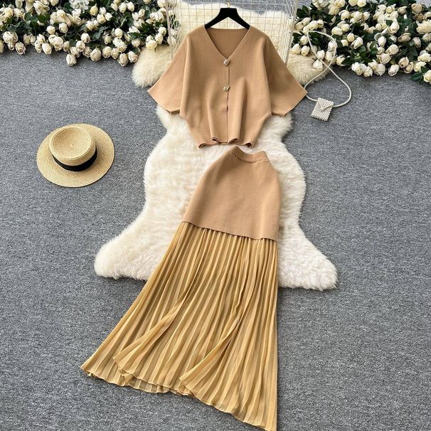 Women's Clothing Light Mature Style Two Piece Skirt Summer High End Short Sleeved Knitted Top High Waist Spliced Pleated Skirt_ecoleips.com