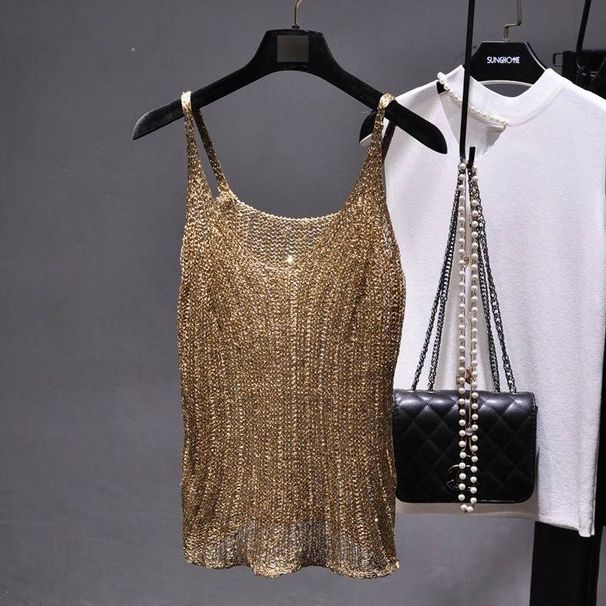 BINGBING Sequin Striped Knit Sheer Camisole – Glamorous & Sexy Sleeveless Top (Khaki Gold) | Trendy & Eye-Catching_ecoleips.com