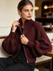 Wine Red Zip Stand Collar Pit Rib Knit Cardigan, Loose Lantern Sleeve Lightweight Breathable Soft Skin-touch Cropped Knit Jacket_ecoleips.com