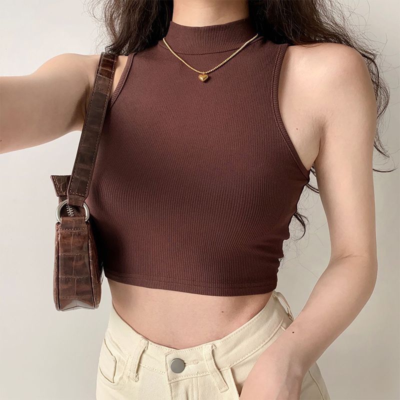 Summer Retro High Neck Vest for Women Stretchy Slim Fit Short Cropped Sleeveless Sports Top European American Style_ecoleips.com