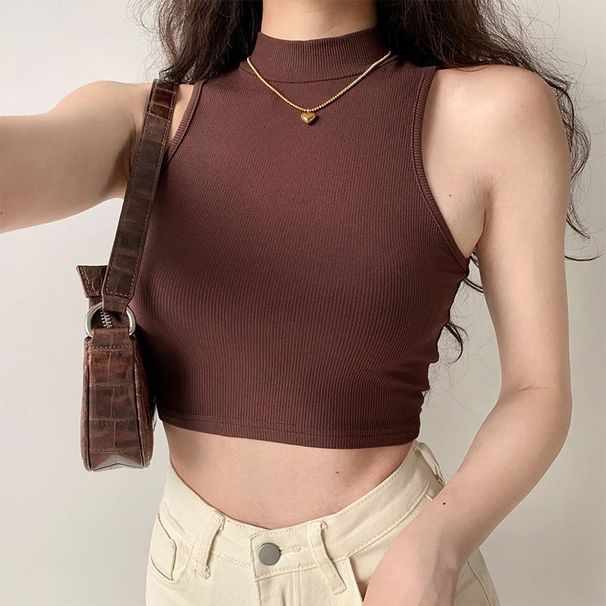 Summer Retro High Neck Vest for Women Stretchy Slim Fit Short Cropped Sleeveless Sports Top European American Style_ecoleips.com