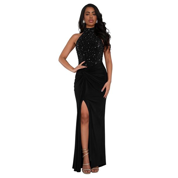 Women's Sexy Off-Shoulder Rhinestone Beaded Slit Dress C7706 Fashion For Party Wear_ecoleips.com