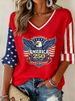 Women's Long Sleeved T-Shirt Loose Fit V-Neck American Flag Digital Print Casual Top for Wholesale_ecoleips.com