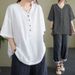 Flesh-Covering Half-Button Design For Women, Artistic Vintage Loose Casual Commuter Temperament Short-Sleeve V-Neck Top_ecoleips.com