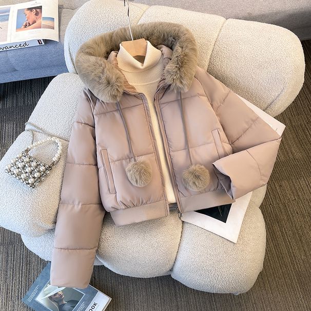 Women's Faux Fur Trim Hooded Short Puffer Jacket With Waist Tie - Lightweight Winter Coat For Casual Outfits (Black, Coffee, Beige, Khaki, Pink)_ecoleips.com