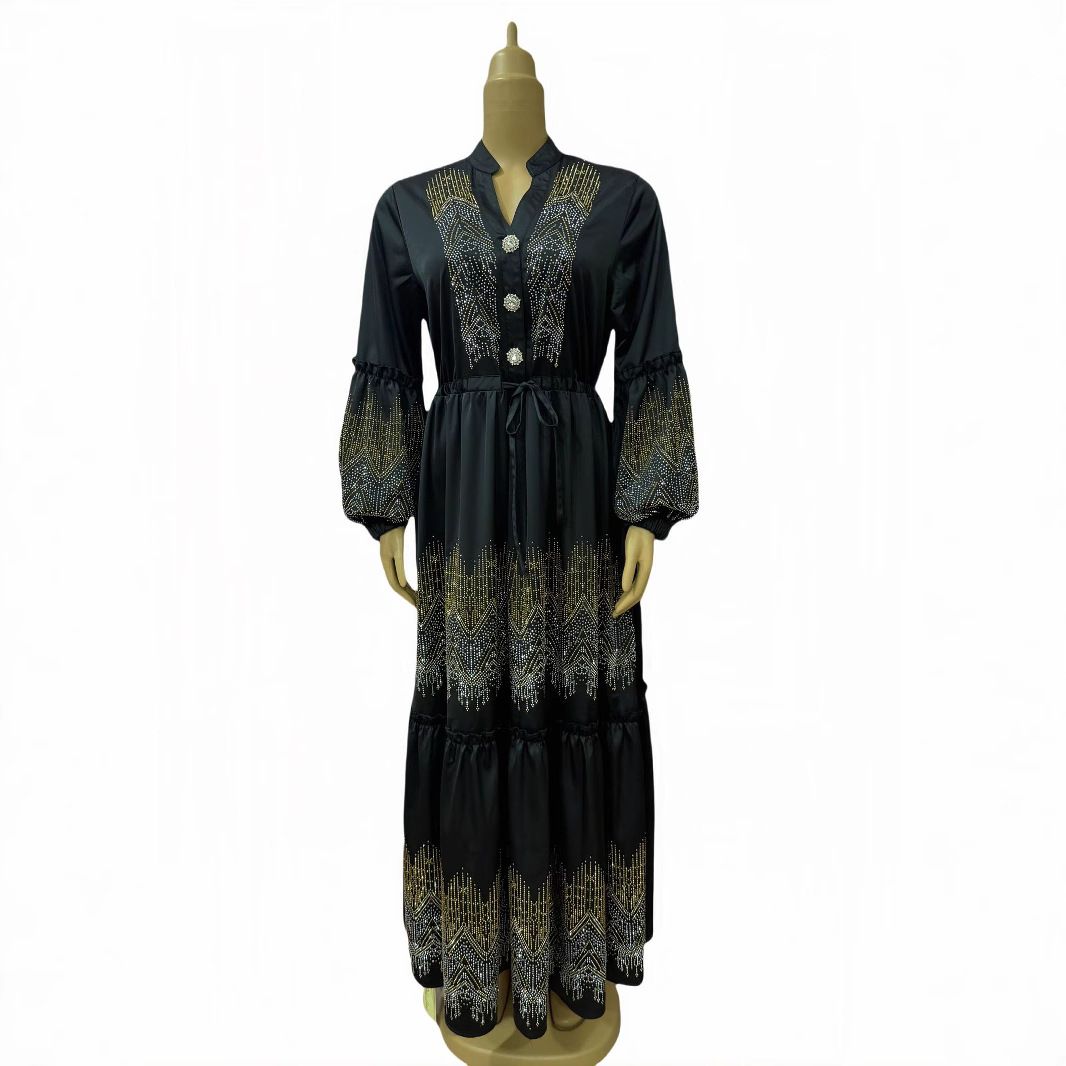 Verve Women's New Color-Block Rhinestone Craft Exquisite Crystal Button Cardigan Plus Size Muslim Robe Long Dress_ecoleips.com