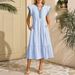 Women's V-Neck Striped Maxi Dress Summer Boho Beach Dress Soft Polyester Flowy Comfortable Fit with Flutter Sleeves_ecoleips.com