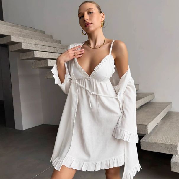 White Cotton Camisole Nightdress Long Sleeve Tie Nightgown Pajamas Two-Piece Set European And American Autumn New_ecoleips.com