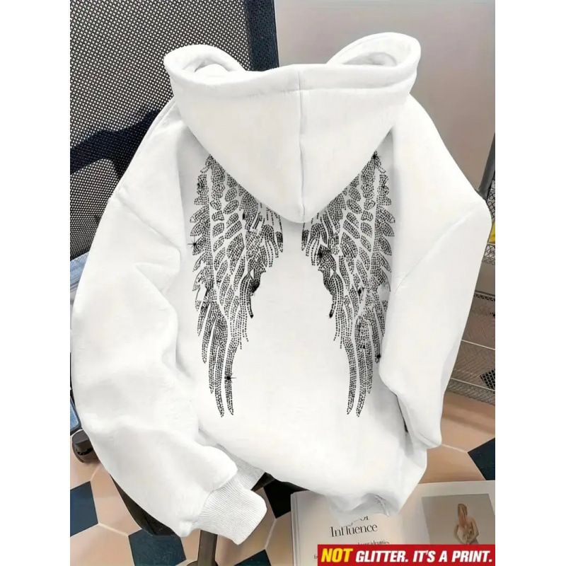 Rhinestone Wings Long Sleeved Pullover Sweatshirt Hoodie For Men And Women_ecoleips.com