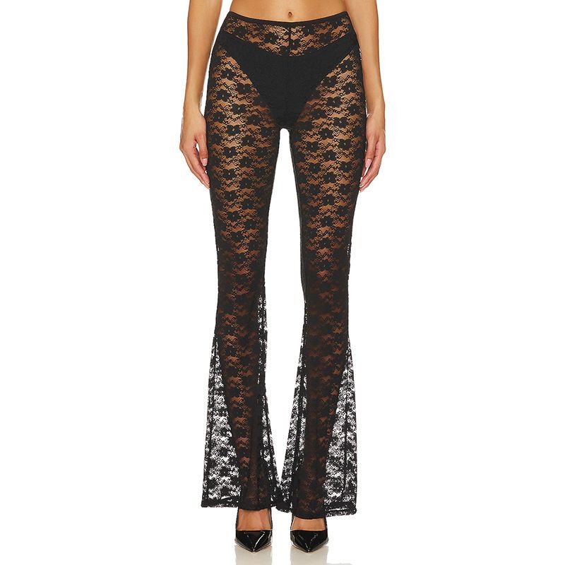 Women's Clothing Women's Floral Print Lace Flared Wide Leg Pants High Elasticity Casual Long See Through Versatile_ecoleips.com
