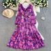 Women's Clothing Retro Print Ruffled V Neck Puff Sleeve Dress Waist Slimming Pleated Long Skirt_ecoleips.com