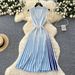 V-Neck Sleeveless Striped Knit Dress With Belt - Elegant A-Line Midi Dress For Women, Summer Casual Office Wear, Blue_ecoleips.com