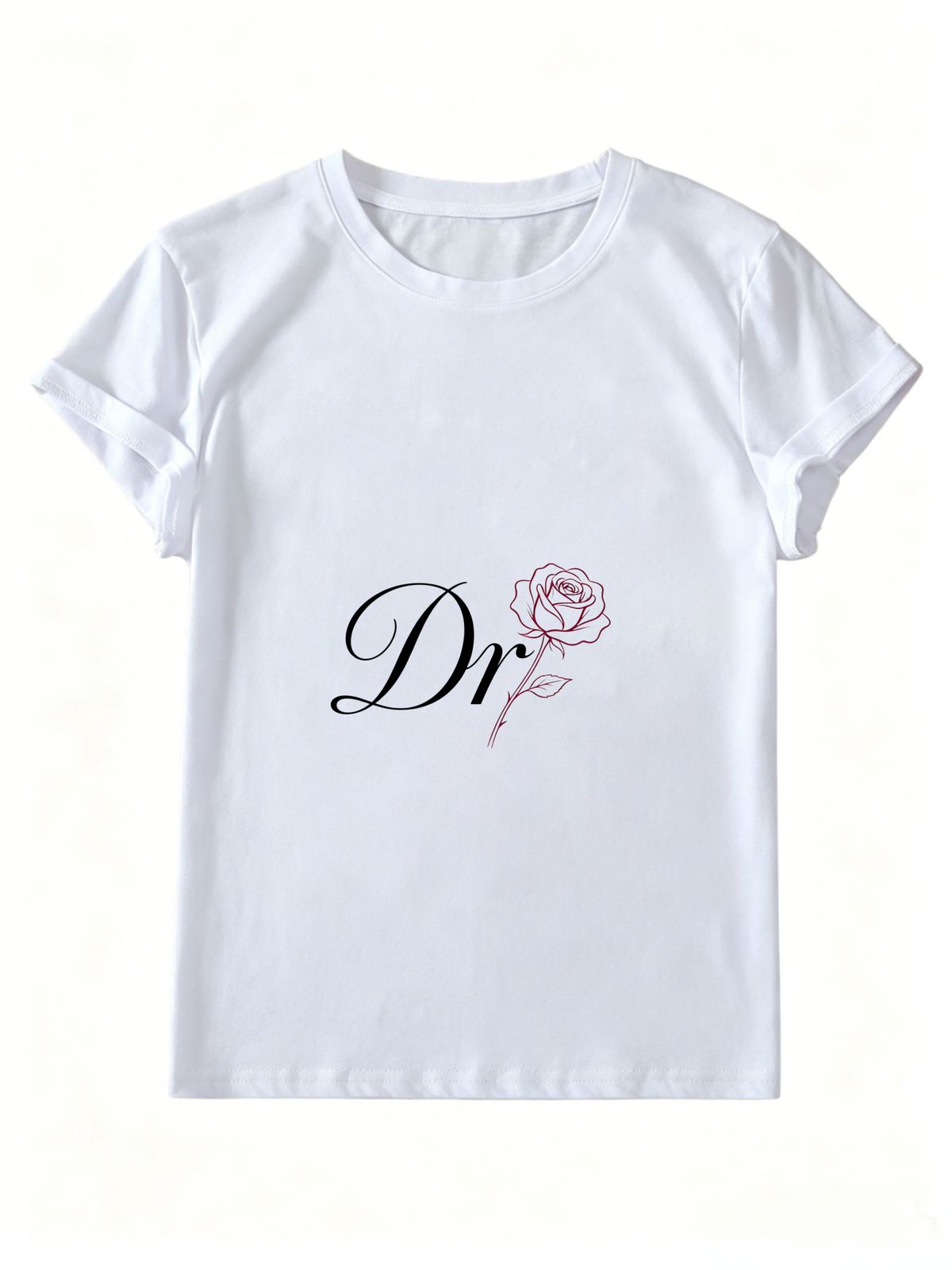 Women Crew Neck Short Sleeve T Shirt Cursive Dr Letter Outline Rose Floral Graphic Tee Minimalist Elegant Vintage Loose Casual Daily Streetwear Tops_ecoleips.com