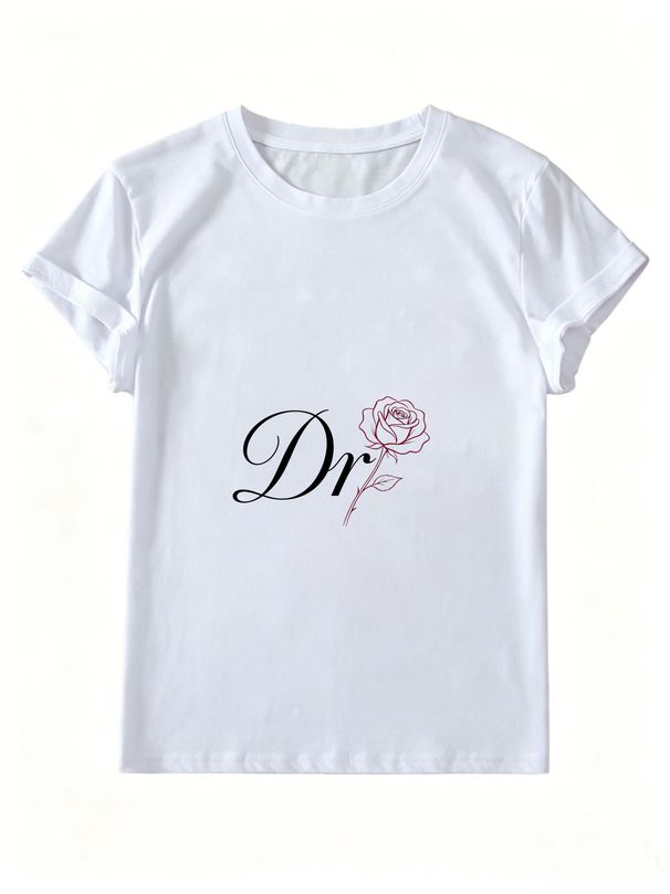 Women Crew Neck Short Sleeve T Shirt Cursive Dr Letter Outline Rose Floral Graphic Tee Minimalist Elegant Vintage Loose Casual Daily Streetwear Tops_ecoleips.com