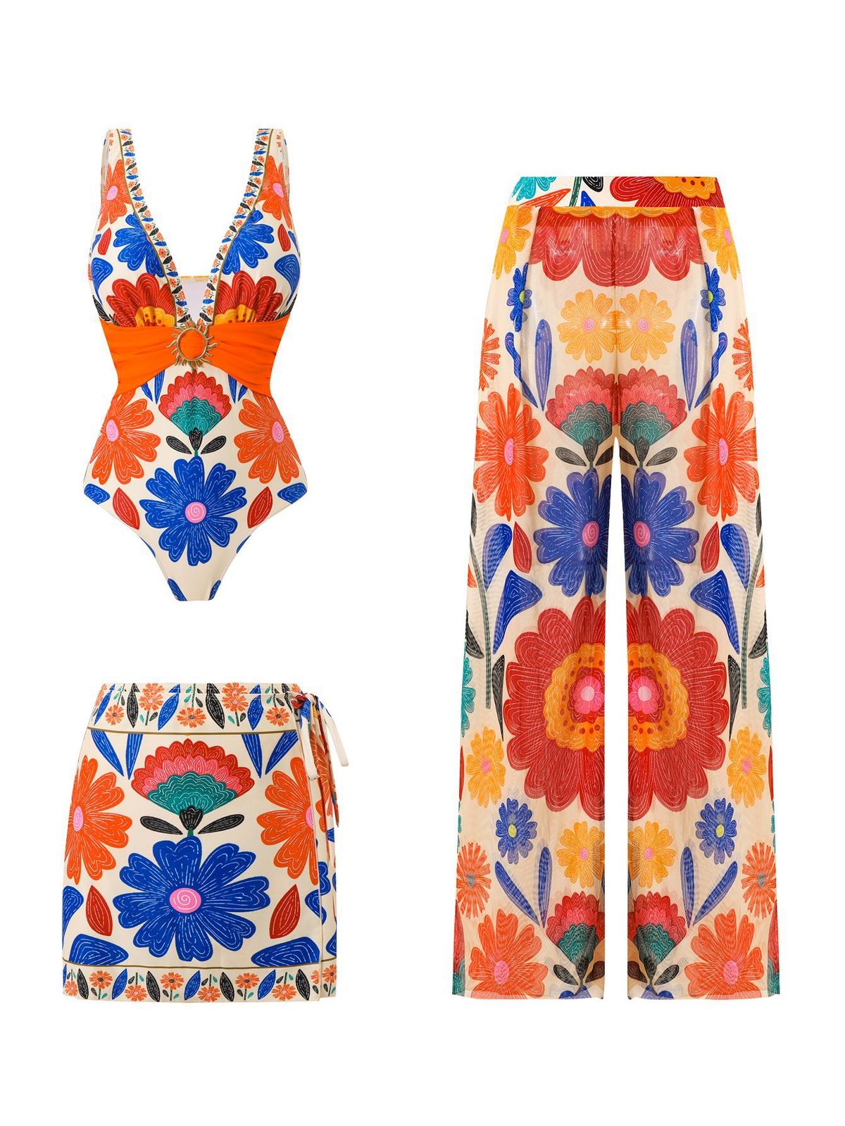 New 2026 Women's Swimsuit European American Style Printed Bohemian Resort Long Pants Short Skirt Fashion Swimwear Set_ecoleips.com