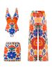 New 2026 Women's Swimsuit European American Style Printed Bohemian Resort Long Pants Short Skirt Fashion Swimwear Set_ecoleips.com