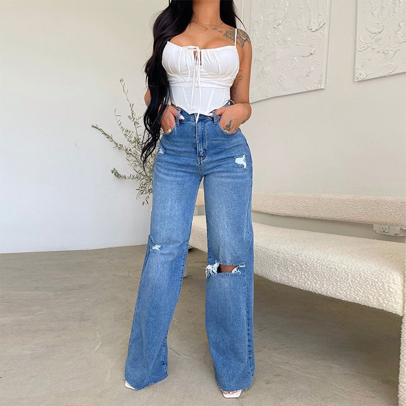 Women's Jeans Long High-waisted Ripped Rough Edge Hot-selling European And American Style Comfortable Wide-leg Pants_ecoleips.com