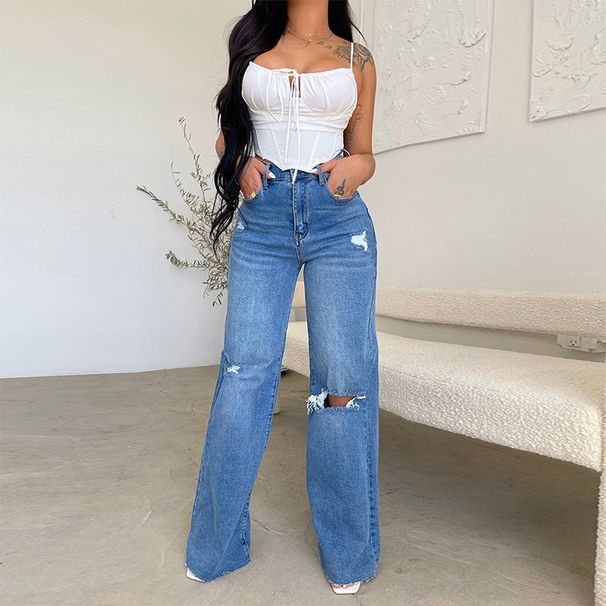 Women's Jeans Long High-waisted Ripped Rough Edge Hot-selling European And American Style Comfortable Wide-leg Pants_ecoleips.com