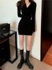 Autumn Winter Mini Dress Women V Neck Button Sexy Sweater Elegant Bodycon Dresses Long Sleeve Robe Short Skirt Waist Solid_ecoleips.com