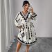 Women's Clothing Plus Size Clothes Elegant Plus Size Puff Sleeve V-Neck Dress – Printed Flowy Winter Dress For Women, High Waist Slimming & Stylish_ecoleips.com