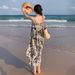 Ink Painting Floral Strap Summer Women French Niche Loose Lazy Style Over-the-Knee Long Beach Dress_ecoleips.com