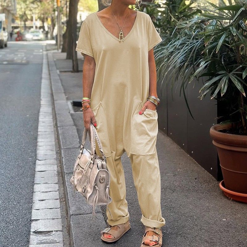 Women's Clothing Spring Spot Solid Color Simple Fashion Atmosphere Loose Pocket Jumpsuit_ecoleips.com