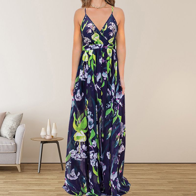 Women Bohemian Maxi Dress Lightweight Chiffon Fabric With Spaghetti Straps & Vibrant Multi‑Color Print_ecoleips.com