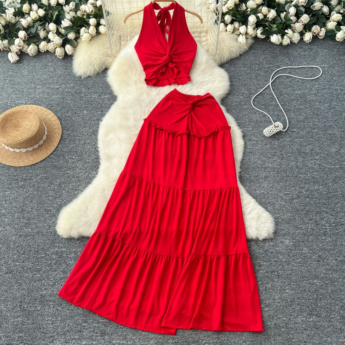 Women's Clothing V Neck Halter Neck Twist Waist Halter Top + A High Waisted Skirt_ecoleips.com
