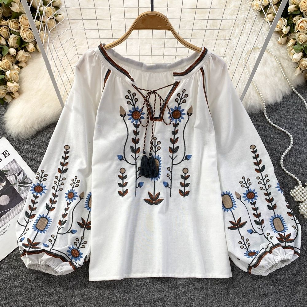Bohemian Embroidered Linen Shirt – Loose-Fit Ethnic Print Blouse For Women (Spring & Fall)_ecoleips.com