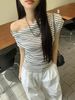 Women's Slim Fit Striped T-Shirt Off-Shoulder Short Sleeve Summer Sexy Student Top New Style_ecoleips.com