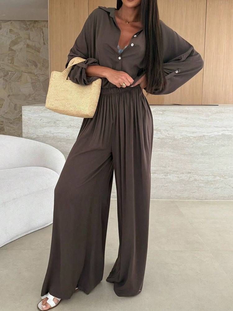 Women's Solid Color Long Sleeve Casual Shirt Set Two Piece Outfit Loose Fitting Spring Autumn Summer Fashion by European American Designers_ecoleips.com