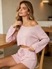 Ladies Off Shoulder Knit Short Set, Loose Fit Ribbed Texture Lightweight Breathable Soft Skin Friendly 2 Piece Knit Outfit_ecoleips.com