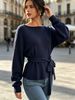 Women Boat Neck Long Sleeve Knit Top, Loose Waist Tie Sweater Lightweight Breathable Ribbed Cuffs Soft Skin Friendly Knit Blouse_ecoleips.com