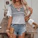 Women's Elegant Striped Top Short Sleeve Lace Detail Breathable Polyester Blend Office Casual Wear Tee_ecoleips.com