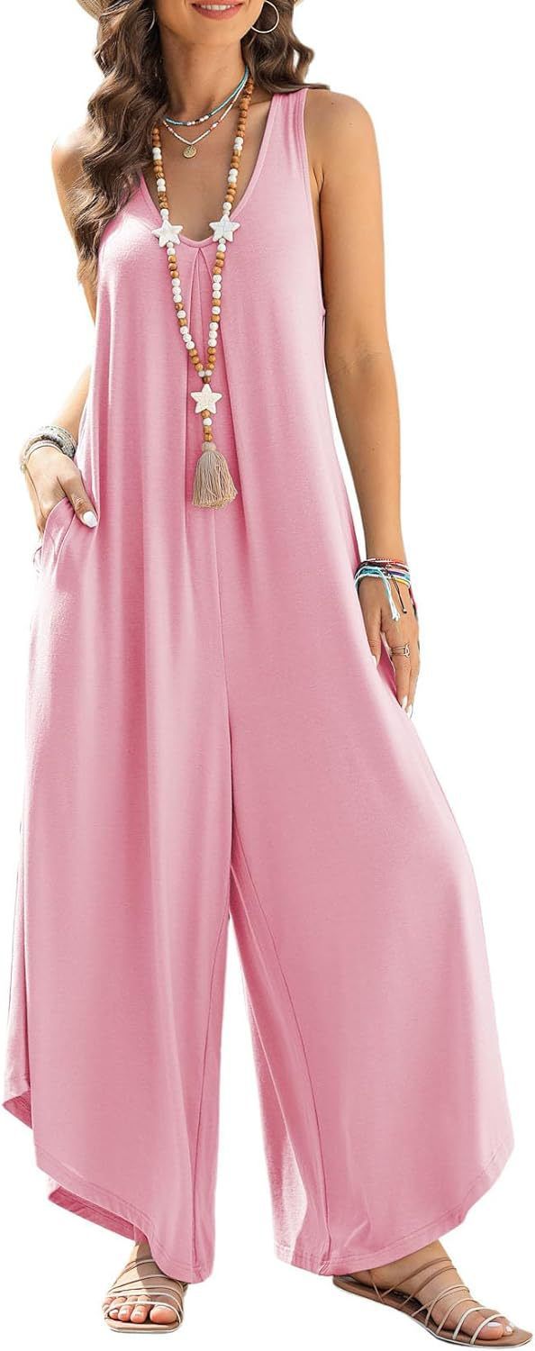 "Women's Sleeveless V-Neck Wide Leg Jumpsuit With Pockets - Summer Casual Romper For European & American Style"_ecoleips.com