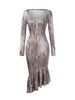 Midi Mermaid Dress Spring Summer Women Light Khaki Marble Print Square Neck Long Sleeve Elegant Sexy Date Party Daily Dress_ecoleips.com