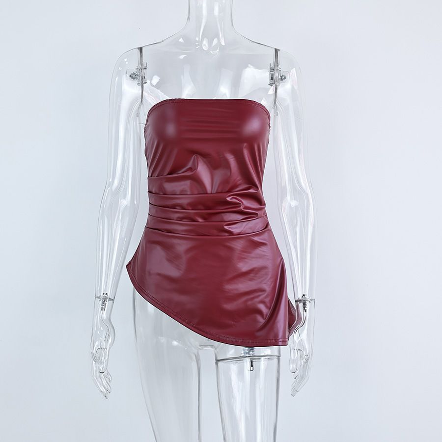 Fashion Women Solid Color Strapless Wrap Leather Dress Sexy Versatile Casual Party Evening Leather Dress For Women_ecoleips.com