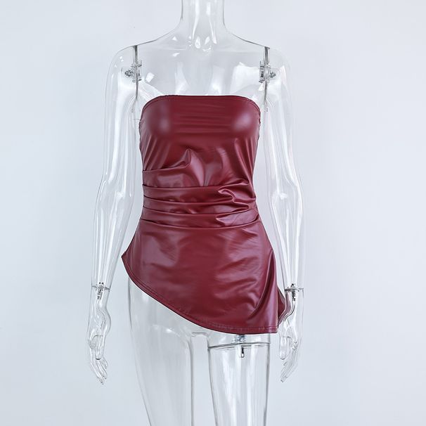 Fashion Women Solid Color Strapless Wrap Leather Dress Sexy Versatile Casual Party Evening Leather Dress For Women_ecoleips.com