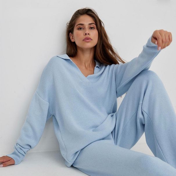 Cross-Border European And American Autumn Winter Sweater Suit Polo Collar Knitted Pullover + Wide-Leg Trousers Two-Piece_ecoleips.com