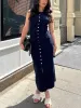 2025 New Women Chic Fashion With Golden Buttons Knitted Midi Dress O Neck Sleeveless Female Dresses Vestidos Mujer_ecoleips.com