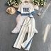 Women's Clothing Style Niche Design Splicing Tassel Denim Short Sleeved Top High Waist Slim Wide Leg Pants Two Piece Set_ecoleips.com