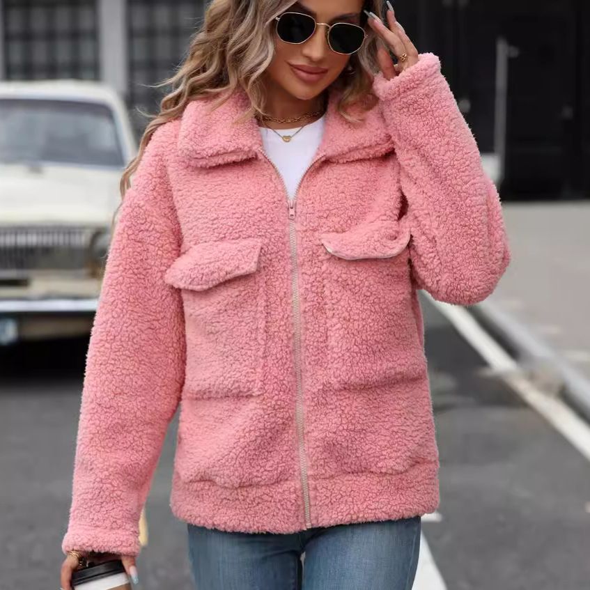 Women's Clothing Cozy Fleece Jacket With Oversized Lapel & Zip Pockets – Soft & Warm Women's Outerwear, Loose Fit, Long Sleeve, Streetwear Fashion_ecoleips.com