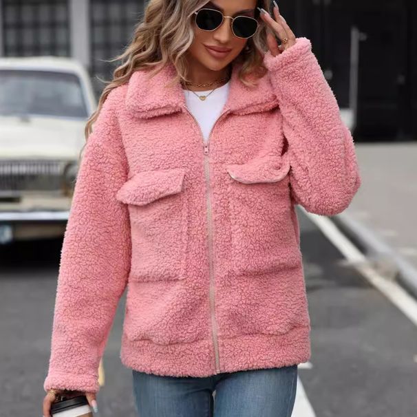 Women's Clothing Cozy Fleece Jacket With Oversized Lapel & Zip Pockets – Soft & Warm Women's Outerwear, Loose Fit, Long Sleeve, Streetwear Fashion_ecoleips.com