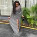 Abstract Print Wrap Dress – High-Neck, Long Sleeve, Bodycon With Side Slit (Milk Silk Poly-Spandex, S/M/L, Black, Euro Office-to-Outing Dress)_ecoleips.com