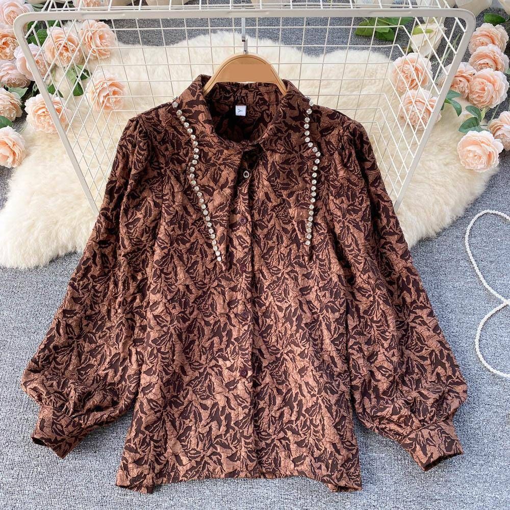 Women's Clothing Rhinestone Embellished Collar Luxury French-Inspired Blouse – Embellished Stand Collar & Puff Sleeves With Crystal Accents (S-3XL)_ecoleips.com