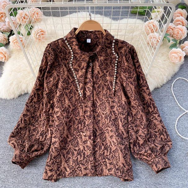 Women's Clothing Rhinestone Embellished Collar Luxury French-Inspired Blouse – Embellished Stand Collar & Puff Sleeves With Crystal Accents (S-3XL)_ecoleips.com