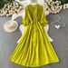 Elegant Pleated Round Neck Dress For Women Commuter Style Three Quarter Sleeve Slimming A-Line Long Skirt Casual Summer_ecoleips.com