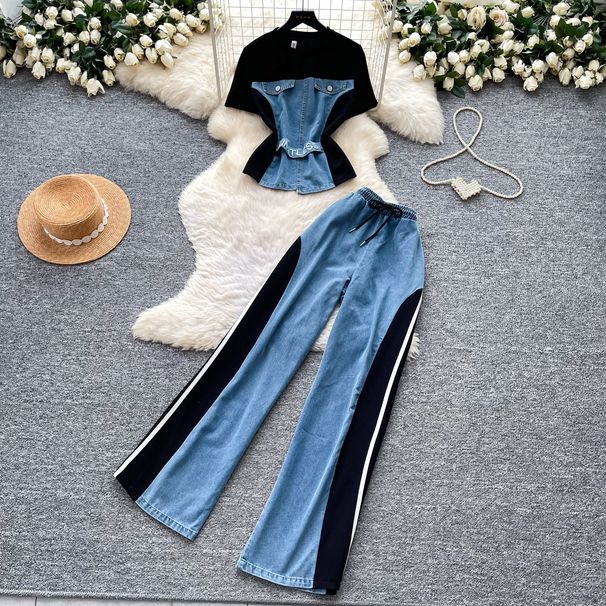 Retro Patchwork Denim Set for Women Short Sleeved Hong Kong Style Summer Casual Straight Leg Pants Two Piece Slimming Outfit_ecoleips.com