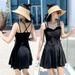 Elegant Black Spaghetti Strap One Piece Swimsuit Dress With Ruffle Neck Side Drawstring Crisscross Back Modest Swimwear_ecoleips.com