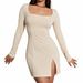Voya 2026 Women's European And American Women's Fashion New Sexy Slit Waist Slimming Bodycon Knitted Square Neck Long Dress_ecoleips.com